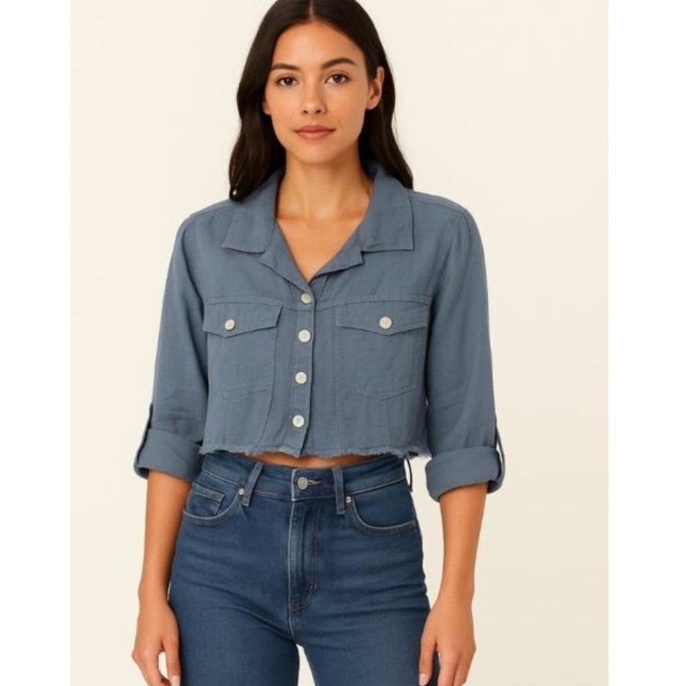 Made in Italy 100% Linen Cropped Button Shirt Blue Lightweight Boho Top S/M.